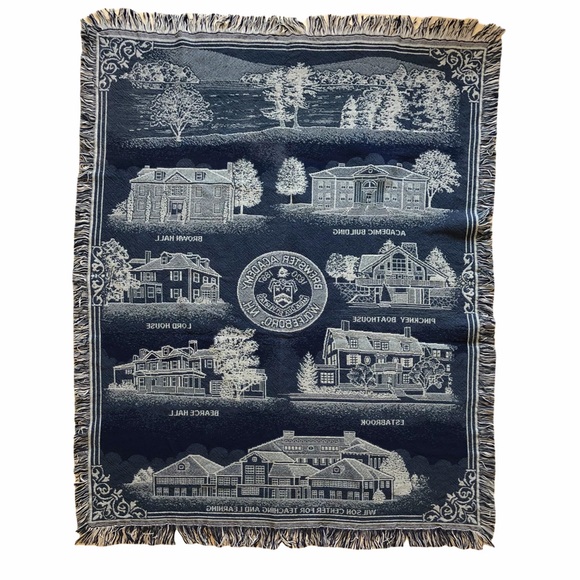 Blue Cream Academic Tapestry Blanket Fringe Woven Throw Brewster Academy - Picture 2 of 9